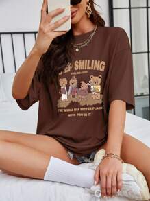 INAWLY Bear And Slogan Graphic Drop Shoulder Tee - Coffee Brown - View 1