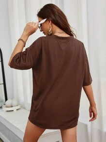 INAWLY Bear And Slogan Graphic Drop Shoulder Tee - Coffee Brown - View 2