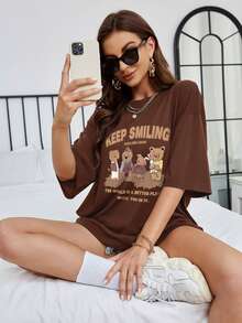 INAWLY Bear And Slogan Graphic Drop Shoulder Tee - Coffee Brown - View 4