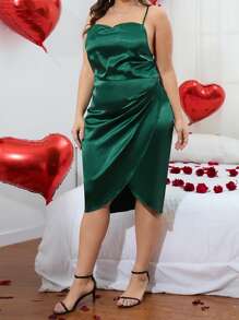 Celure Vestido de tirantes fruncido lateral bajo tulipán de satén - Verde Oscuro - Ver 1