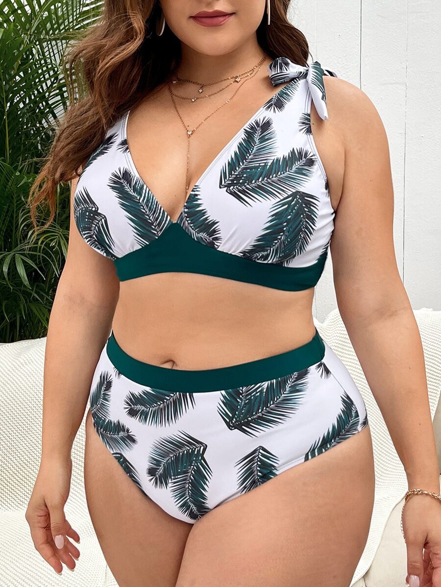 SHEIN Swim Curve 大尺碼熱帶印花綁帶肩比基尼套裝，夏日沙灘必備 - 彩色 - 查看 1