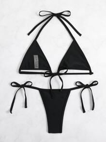 SHEIN Swim Summer Beach Cut-Out Micro Triangle Thong Bikini - Black - View 2