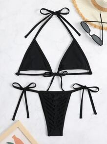 SHEIN Swim Summer Beach Cut-Out Micro Triangle Thong Bikini - Black - View 3