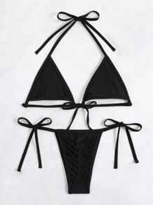 SHEIN Swim Summer Beach Cut-Out Micro Triangle Thong Bikini - Black - View 5