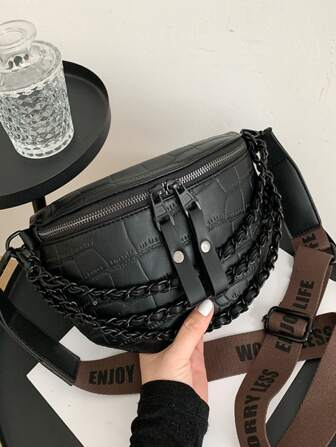 Crocodile Embossed Chain Decor Waist Bag Chain Waist Bag, Women's Vintage Bum Bag With Adjustable Strap