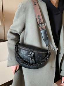 Mini bolso de hombro cruzado de moda con efecto relieve, unicolor, impresión de letras y correa de cadena para ir de compras y de vacaciones