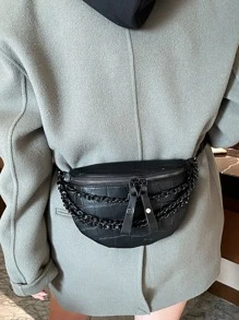 Mini bolso de hombro cruzado de moda con efecto relieve, unicolor, impresión de letras y correa de cadena para ir de compras y de vacaciones