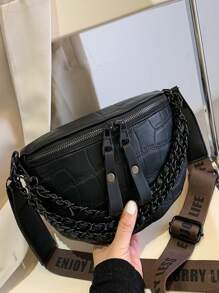 Mini bolso de hombro cruzado de moda con efecto relieve, unicolor, impresión de letras y correa de cadena para ir de compras y de vacaciones