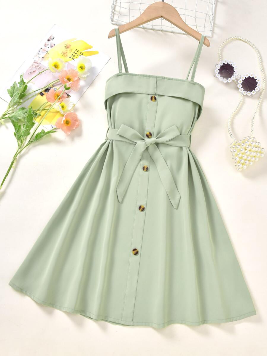 SHEIN Đầm Gái Thắt lưng Nút phía trước màu trơn Giải trí - Màu xanh Bạc hà - Xem 1