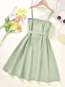 SHEIN Đầm Gái Thắt lưng Nút phía trước màu trơn Giải trí - Màu xanh Bạc hà - Xem 2