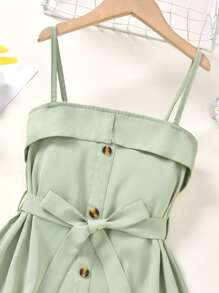 SHEIN Đầm Gái Thắt lưng Nút phía trước màu trơn Giải trí - Màu xanh Bạc hà - Xem 3