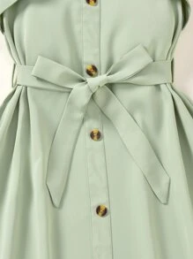 SHEIN Đầm Gái Thắt lưng Nút phía trước màu trơn Giải trí - Màu xanh Bạc hà - Xem 4