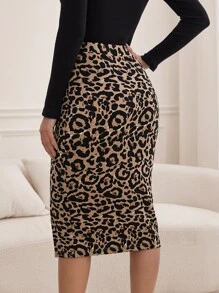 SHEIN Tall Leopard Print Split Hem Skirt - Khaki - View 2