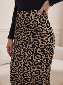 SHEIN Tall Leopard Print Split Hem Skirt - Khaki - View 4
