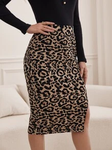 SHEIN Tall Leopard Print Split Hem Skirt - Khaki - View 5