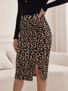 SHEIN Tall Leopard Print Split Hem Skirt - Khaki - View 6