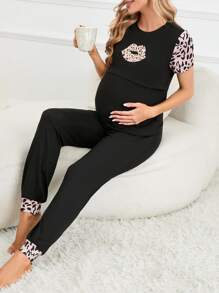 SHEIN Maternity Leopard & Letter Graphic PJ Set - Black - View 1