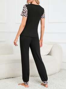 SHEIN Maternity Leopard & Letter Graphic PJ Set - Black - View 2