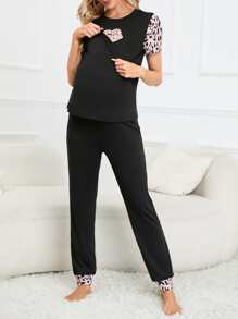 SHEIN Maternity Leopard & Letter Graphic PJ Set - Black - View 3
