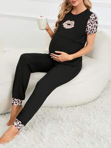 SHEIN Maternity Leopard & Letter Graphic PJ Set - Black - View 5