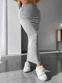 SHEIN PETITE 素色條紋針織包臀半身裙