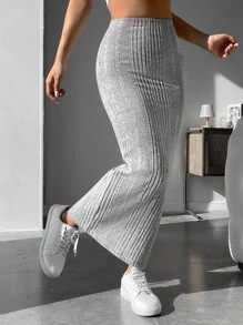 SHEIN PETITE 素色條紋針織包臀半身裙