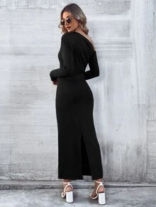 SHEIN Privé Asymmetrical Neck Tie Front Dress - Black - View 2