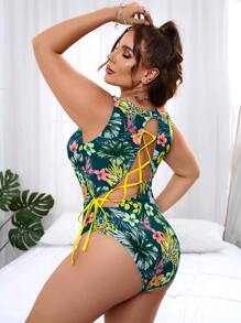 SHEIN Swim Curve Summer Plus Size Tropical Print Lace Up Back One Piece Swimsuit - Multicolor - View 1