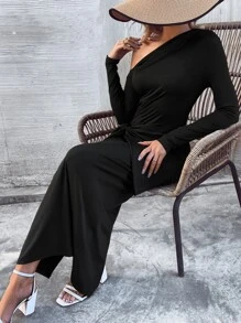 SHEIN Privé Asymmetrical Neck Tie Front Dress - Black - View 3