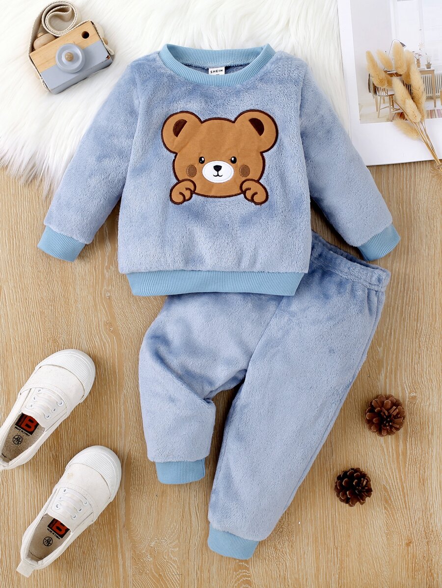 Baby Bear Embroidery Teddy Sweatshirt & Trousers - Dusty Blue - View 1