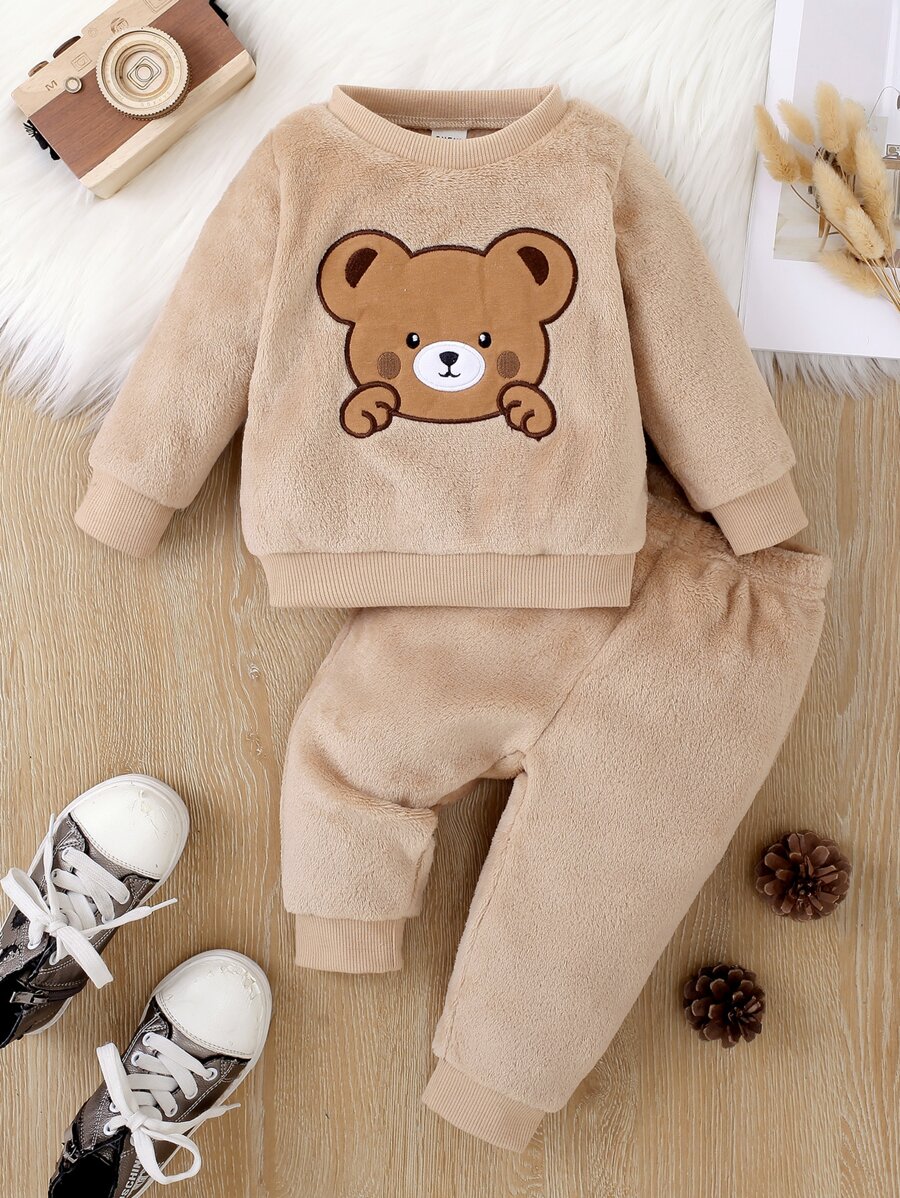 嬰兒男孩熊刺繡泰迪熊運動衫和褲子