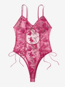 Plus Size Butterfly Embroidered Mesh Lace-Up Side Teddy Bodysuit - Hot Pink - View 1