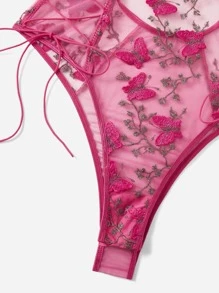 Plus Size Butterfly Embroidered Mesh Lace-Up Side Teddy Bodysuit - Hot Pink - View 3