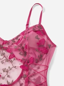 Plus Size Butterfly Embroidered Mesh Lace-Up Side Teddy Bodysuit - Hot Pink - View 4