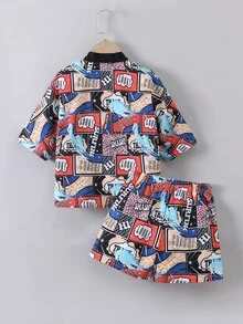 小男童波普藝術圖案和服罩衫和短褲不帶T恤