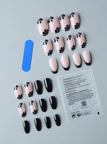 Mejora instantáneamente tu apariencia con 24 uñas postizas ovaladas largas, con diseño floral y de Francia en negro, de longitud media y lindas, kit de uñas para aplicar, suministros para uñas - Multicolor - Ver 2