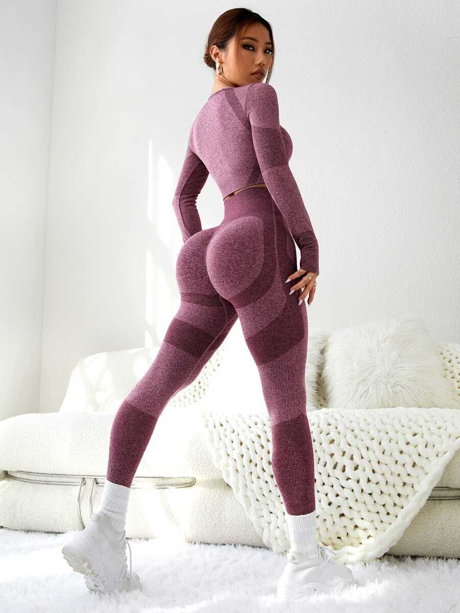 Easithlete Set de 2 piezas para el gimnasio sin costuras con bloques de color - Conjunto de top con pulgar y leggings ajustados con control de abdomen para mujeres que hacen ejercicio - Púrpura malva - Ver 1