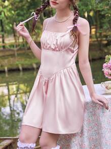 ROMWE Fairycore Vestido de tirantes unicolor pecho con fruncido - Rosa Pálido - Ver 4