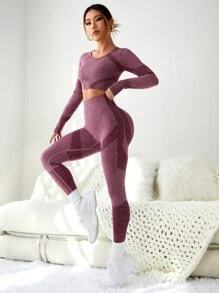 Easithlete Set de 2 piezas para el gimnasio sin costuras con bloques de color - Conjunto de top con pulgar y leggings ajustados con control de abdomen para mujeres que hacen ejercicio - Púrpura malva - Ver 2