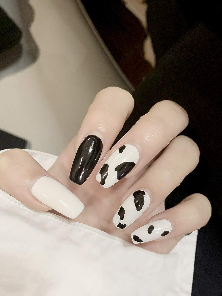 Get Glamorous With 24pcs Long Coffin Black And White Milk Pattern Fake Nail & 1pc Nail File & 1sheet Tape Nails - Multicolor - View 1