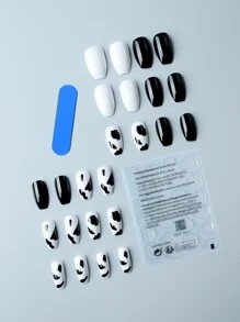 Get Glamorous With 24pcs Long Coffin Black And White Milk Pattern Fake Nail & 1pc Nail File & 1sheet Tape Nails - Multicolor - View 2