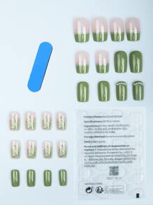 Instantly Upgrade Your Look with 24pcs long square, faux Pearl & Green Camellia design, Fake nail Kit, for summer - Multicolor - View 2