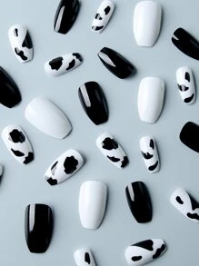 Get Glamorous With 24pcs Long Coffin Black And White Milk Pattern Fake Nail & 1pc Nail File & 1sheet Tape Nails - Multicolor - View 3