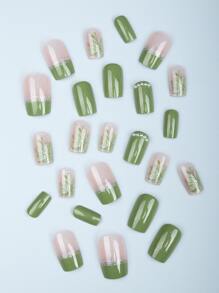 Instantly Upgrade Your Look with 24pcs long square, faux Pearl & Green Camellia design, Fake nail Kit, for summer - Multicolor - View 3