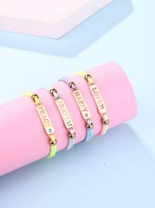 4pcs Girls English Alphabet Zinc Alloy Color Drop Oil Random Gradient Color Polyester Rope Cute Braided Bracelet Set Suitable for Daily Wear - Multicolor - View 4