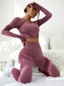 Easithlete Set de 2 piezas para el gimnasio sin costuras con bloques de color - Conjunto de top con pulgar y leggings ajustados con control de abdomen para mujeres que hacen ejercicio - Púrpura malva - Ver 4