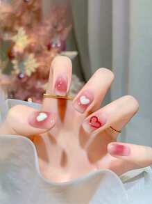 使用24入組短橢圓形、粉色漸變和3D白心設計、假指甲套件立即升級您造型，適合女士和女孩 - 彩色 - 查看 1