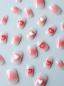 使用24入組短橢圓形、粉色漸變和3D白心設計、假指甲套件立即升級您造型，適合女士和女孩 - 彩色 - 查看 3