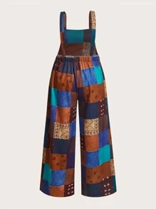 ROMWE Hippie 大碼色塊拼接圖案背帶連身褲 - 彩色 - 查看 6