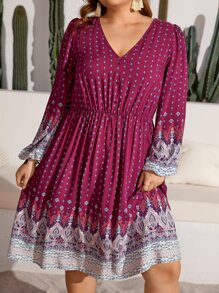 SHEIN VCAY Vestido con estampado geométrico de manga farol - Rojo violeta - Ver 5